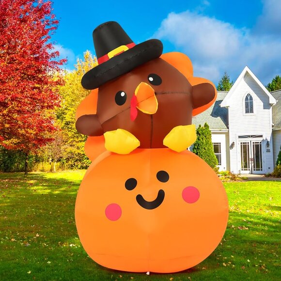 5FT Inflatables Turkey Baby on Pumpkin Built-in LEDs Blow Up Yard Decoration - Picture 5 of 8